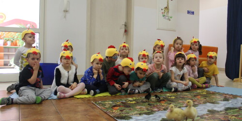 zdjęcie grupowe dzieci w czapeczkach kurczaków